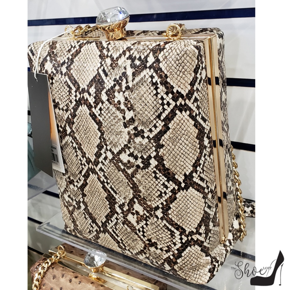 Tan Snakeskin Embossed Jewel Top Box Bag